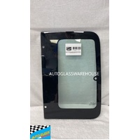 NISSAN UD CK-CW SERIES - 1991 to 2008 - TRUCK - LEFT SIDE REAR CARGO GLASS - BEHIND THE FRONT DOOR - GREEN - 3 HOLES, 2 SQUARE & 2 ROUND CORNERS 400MM