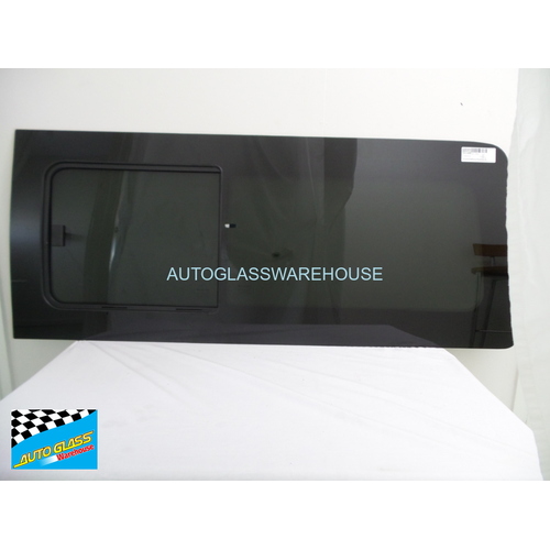 suitable for TOYOTA HIACE 200 SERIES - 4/2005 to 4/2019 - LWB/SLWB VAN - LEFT SIDE REAR SLIDING UNIT (VERY LAST) - DOT - PRIVACY TINTED - 564 X 1370 -